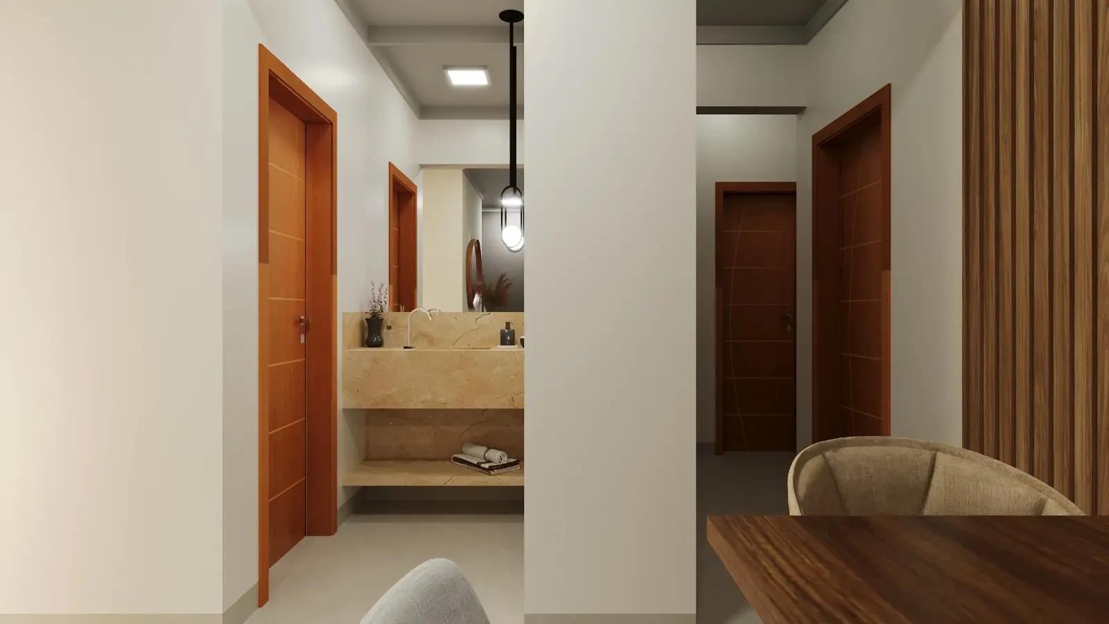 Hall entre banheiro social e quartos